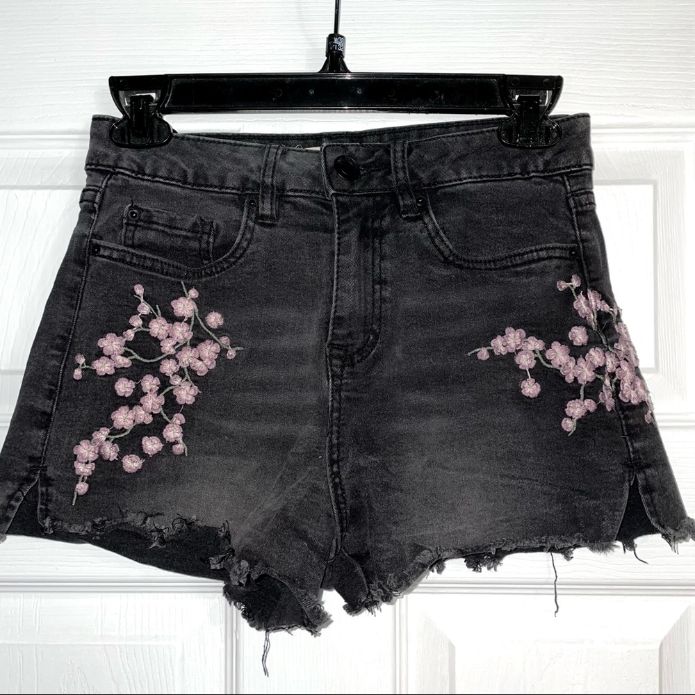 Cute Flower Embroidered Light Black Jean Shorts